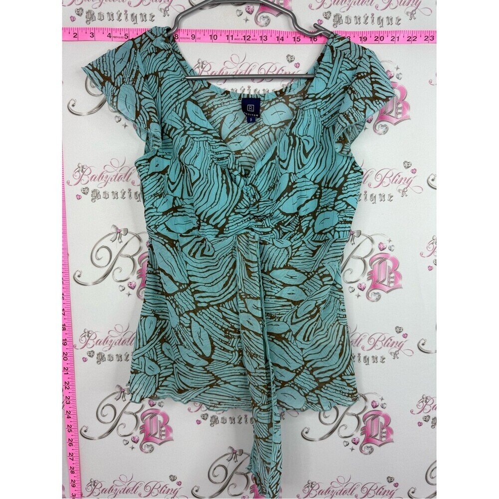 Reitmans y2k top Aqua & Brown Printed Wrap-Front Cap-Sleeve Top